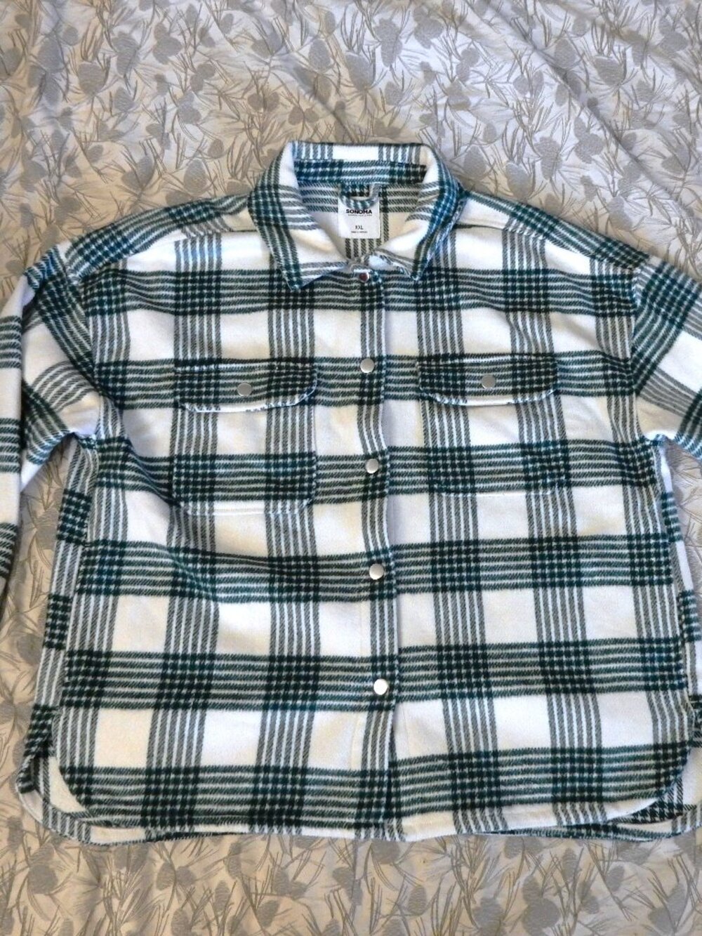 NWOT Sonoma XXL women's white green plaid shacket shirt snap buttons beach farm
